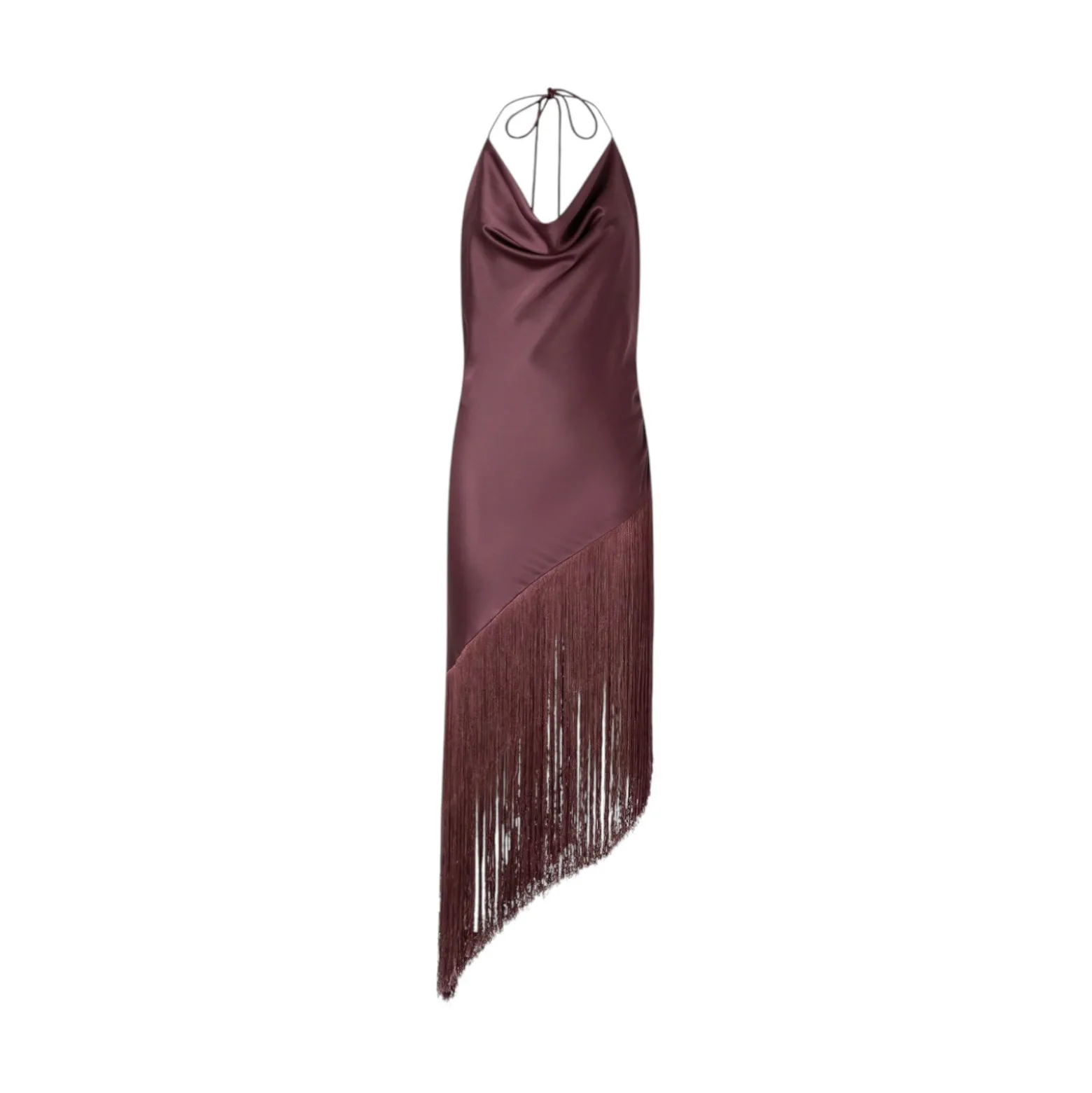 Abito donna asimmetrico in satin con frange