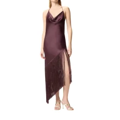 Abito donna asimmetrico in satin con frange