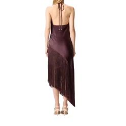 Abito donna asimmetrico in satin con frange
