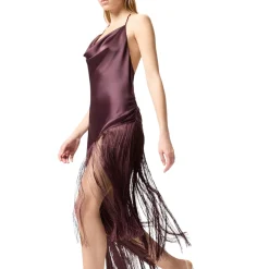 Abito donna asimmetrico in satin con frange