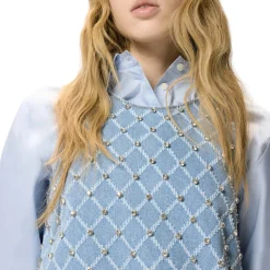Abito donna corto in denim con disegno rombi e strass