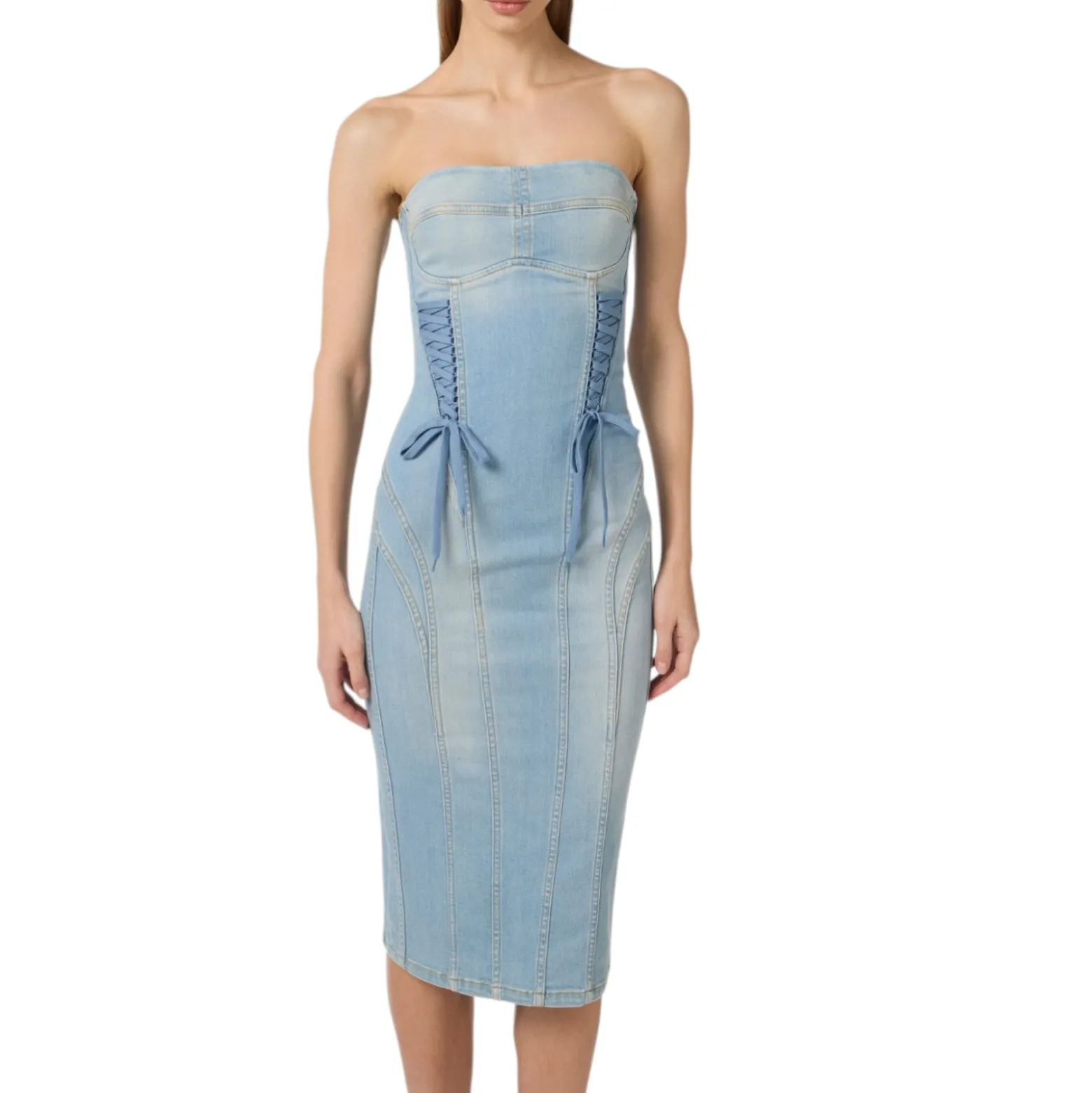 Abito donna in denim con lacci criss-cross