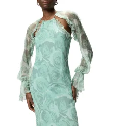 Abito donna midi in seta con stampa rose e spalle scoperte