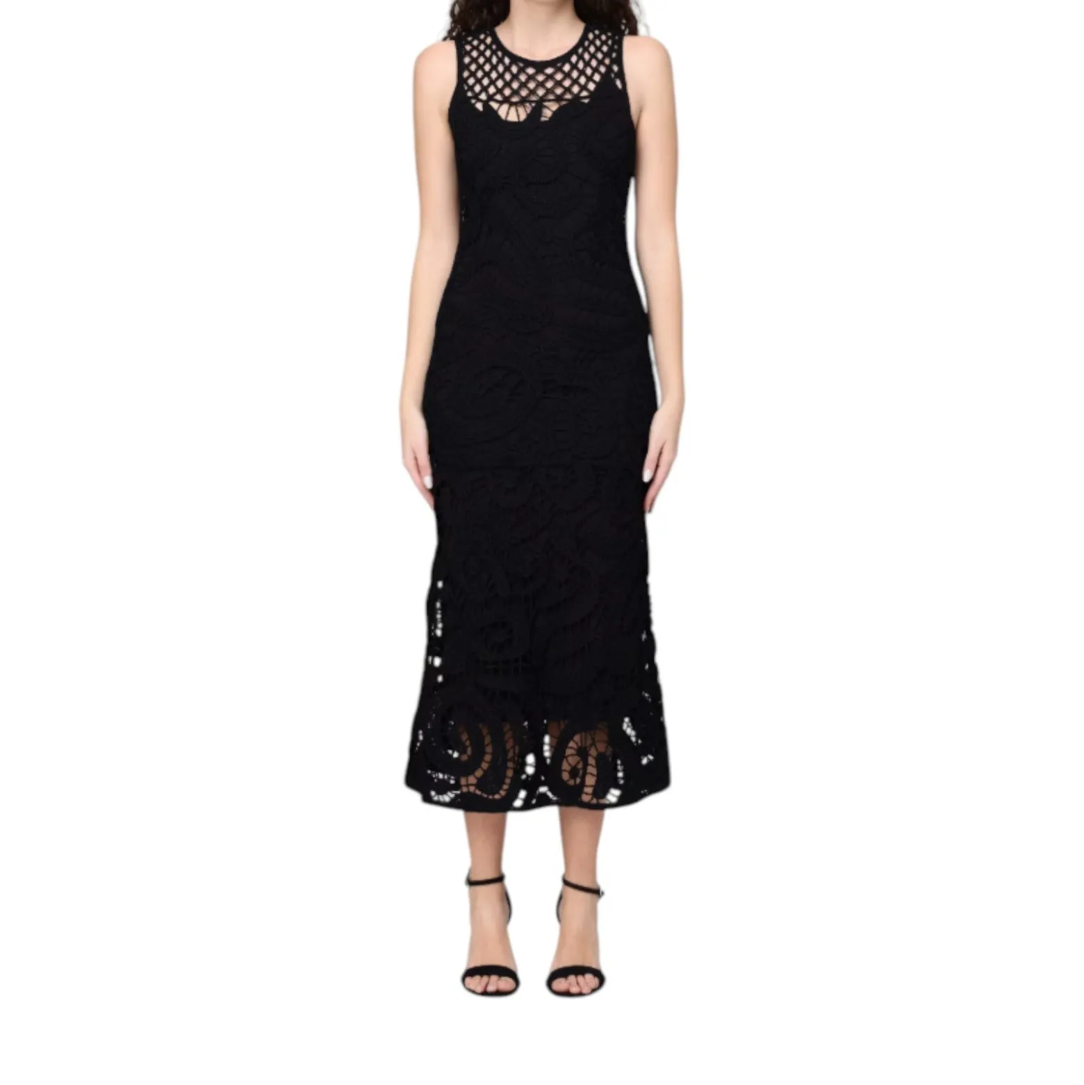 Abito donna midi senza maniche in crochet geometrico