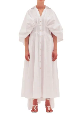 Abito in cotone con mantella in vita arricciata donna