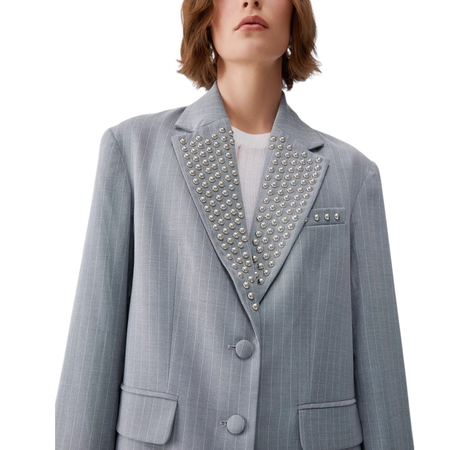 Blazer donna gessato con borchie