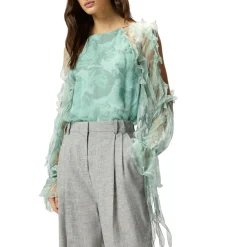 Blusa donna in seta con stampa rose e spalle scoperte