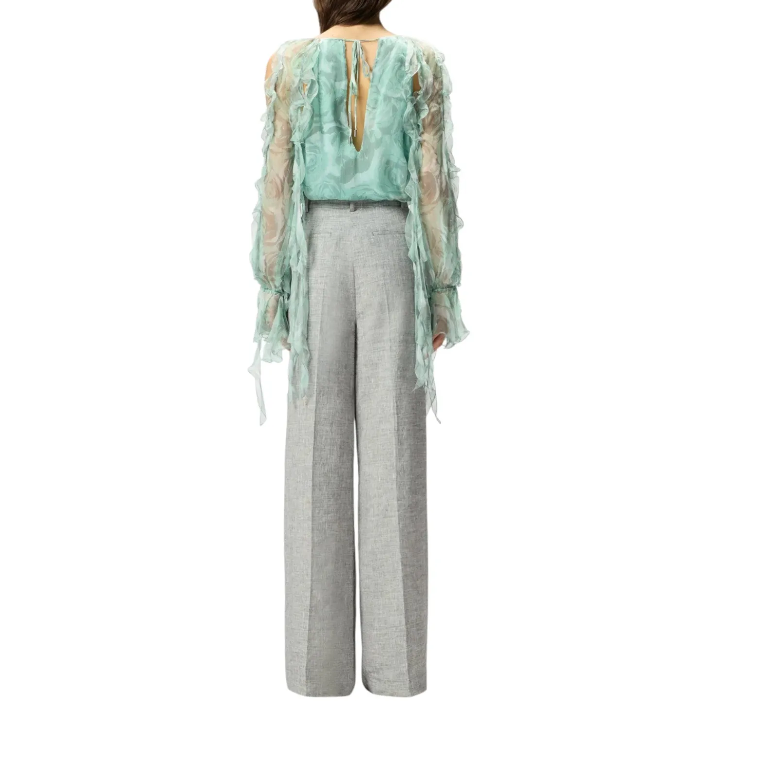 Blusa donna in seta con stampa rose e spalle scoperte