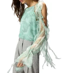 Blusa donna in seta con stampa rose e spalle scoperte