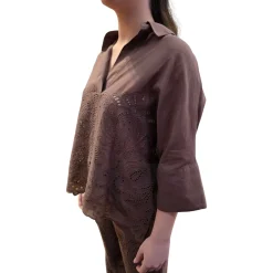 Camicia donna a Kimono in mussola con ricamo sangallo