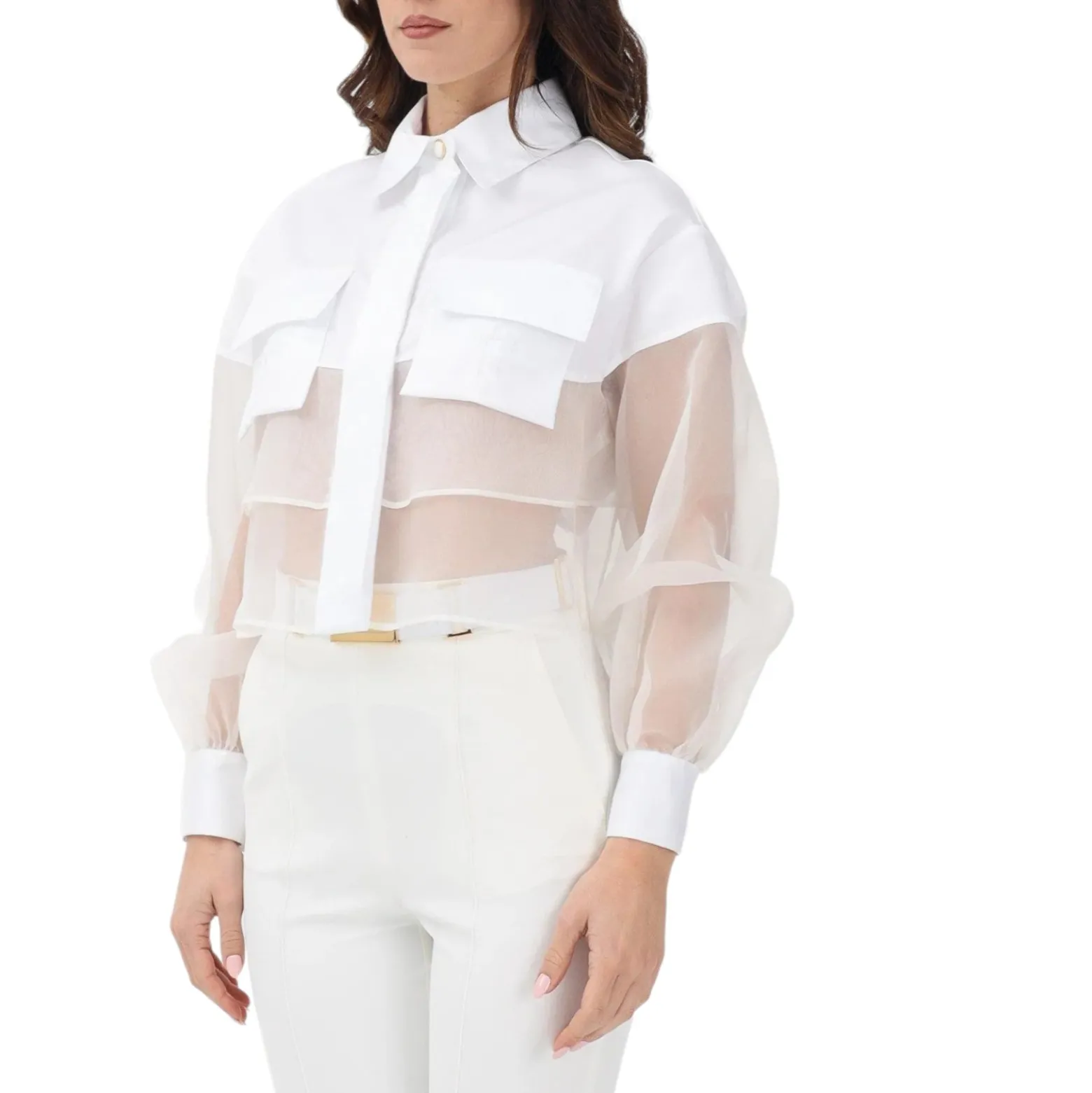 Camicia donna a manica lunga bianca con inserto in tulle