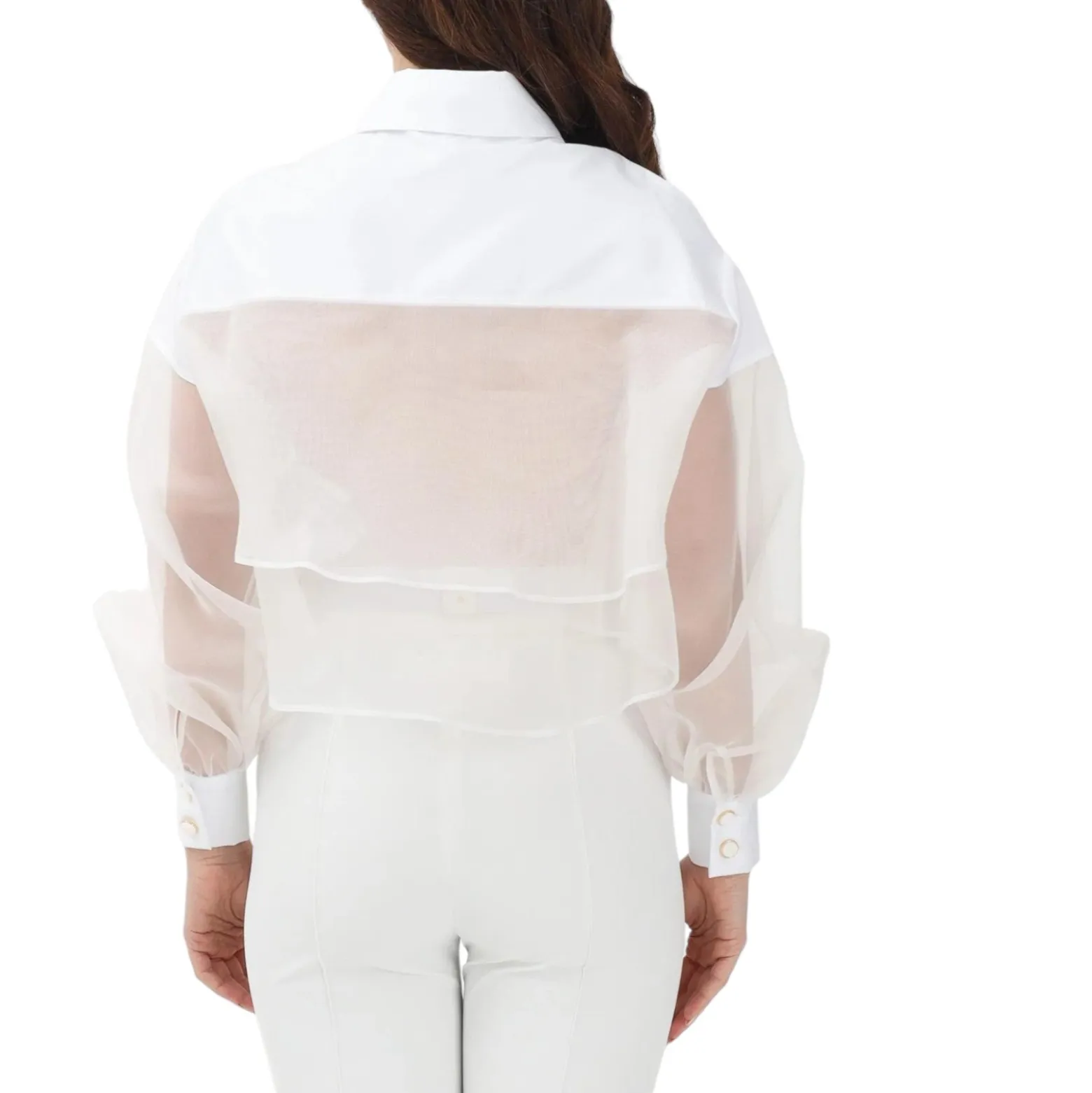 Camicia donna a manica lunga bianca con inserto in tulle