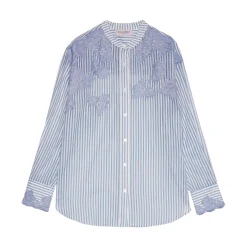 Camicia donna a righe stampa denim con pizzo ricamato
