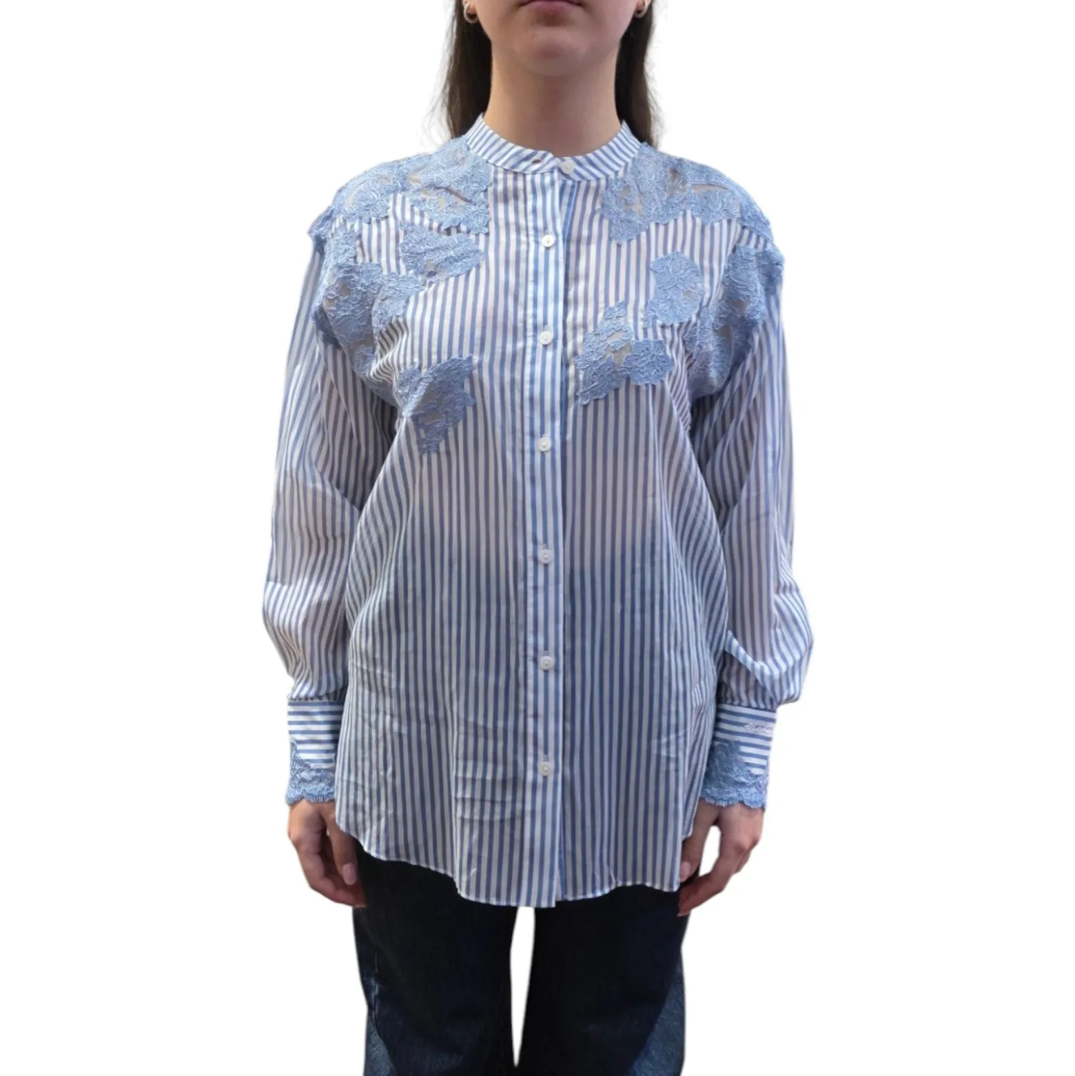 Camicia donna a righe stampa denim con pizzo ricamato