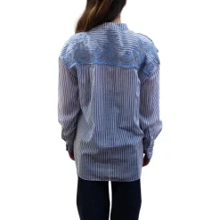 Camicia donna a righe stampa denim con pizzo ricamato