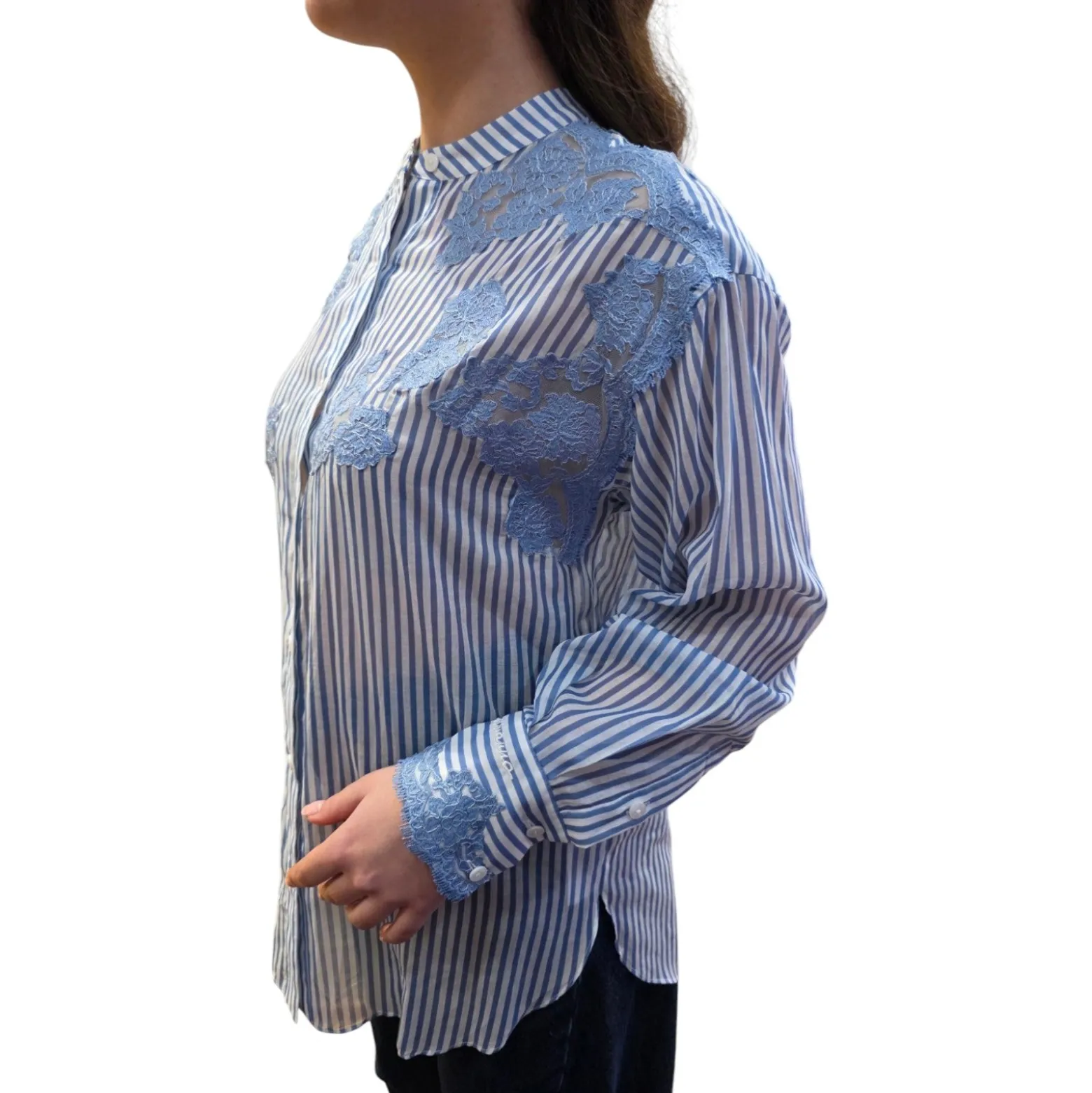 Camicia donna a righe stampa denim con pizzo ricamato