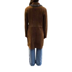 Cappotto donna in camoscio con colletto di pietre luminose