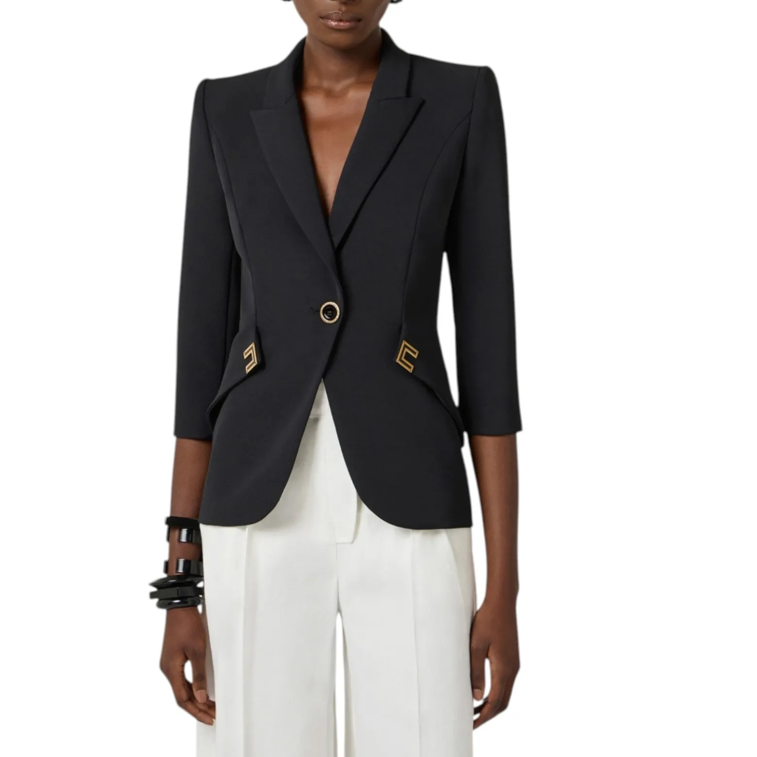 Giacca donna in doppio crêpe stretch con dettagli logo