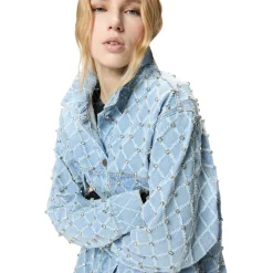 Giubbino donna in denim con disegno rombi e strass