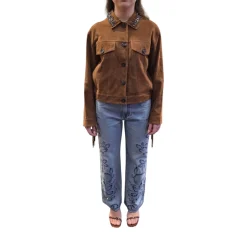 Giubbotto donna in camoscio con frange e collo gioiello