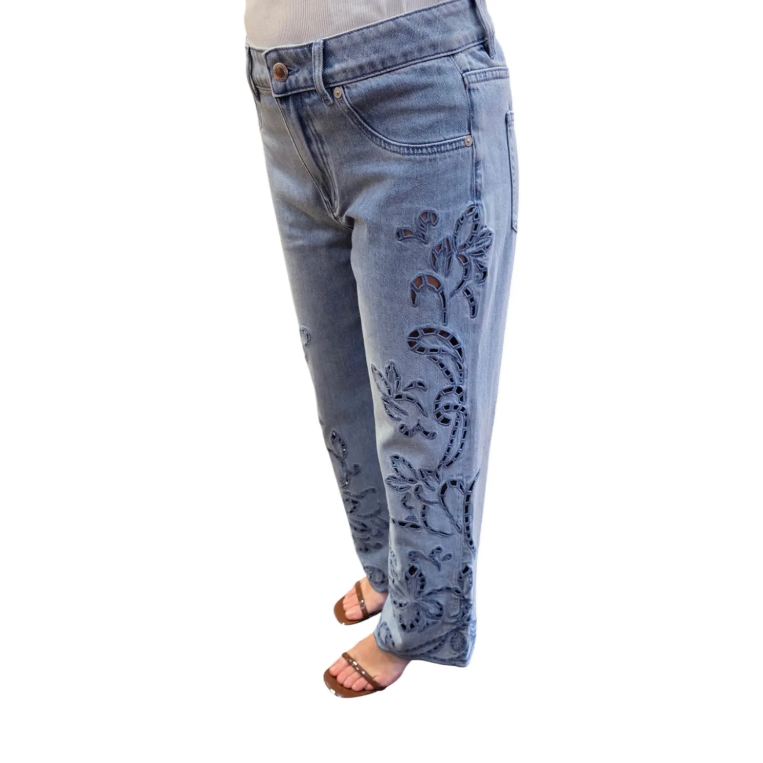 Jeans donna con ricamo sangallo