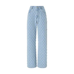 Jeans donna wide leg con disegno rombi e strass