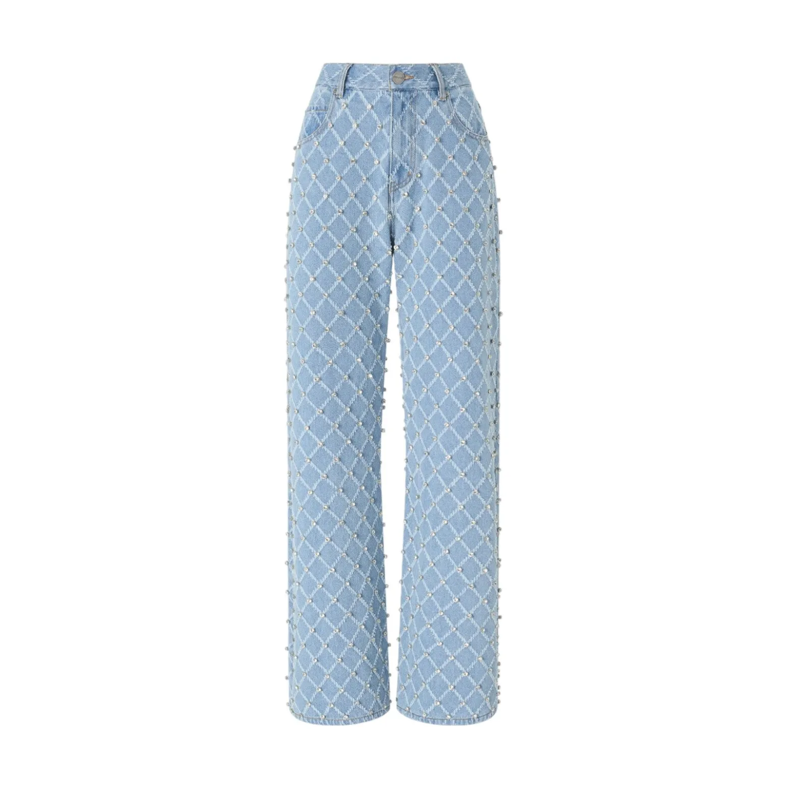 Jeans donna wide leg con disegno rombi e strass