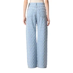 Jeans donna wide leg con disegno rombi e strass