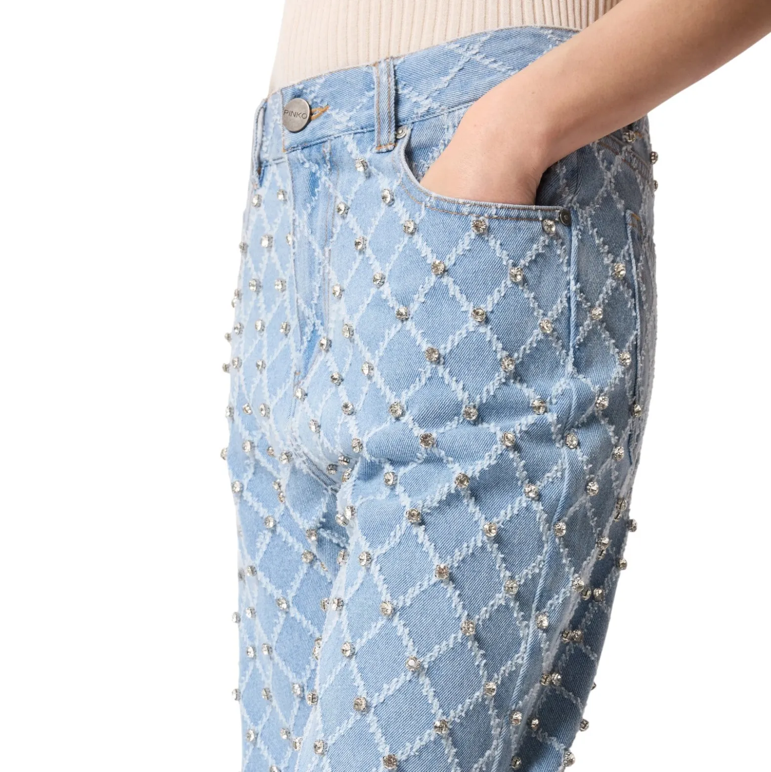 Jeans donna wide leg con disegno rombi e strass