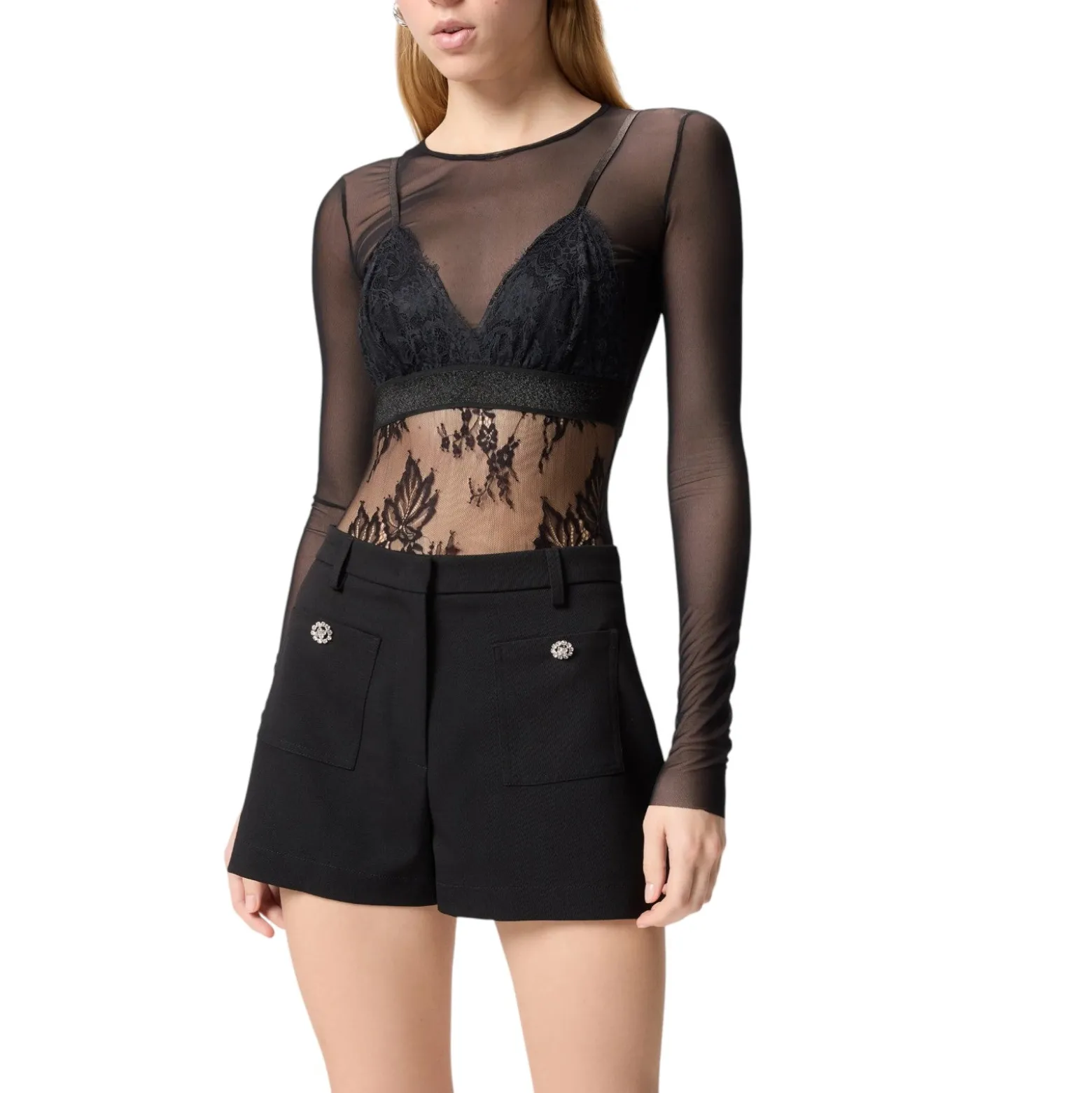 Maglia donna body in tulle e pizzo