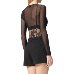 Maglia donna body in tulle e pizzo