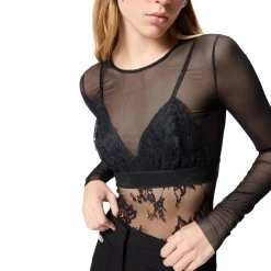 Maglia donna body in tulle e pizzo