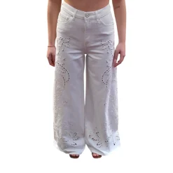 Pantalone donna ampio in bull con ricamo sangallo