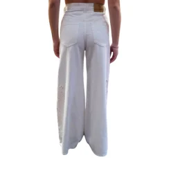 Pantalone donna ampio in bull con ricamo sangallo