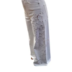 Pantalone donna ampio in bull con ricamo sangallo