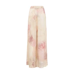 Pantaloni donna ampi in raso con stampa rose