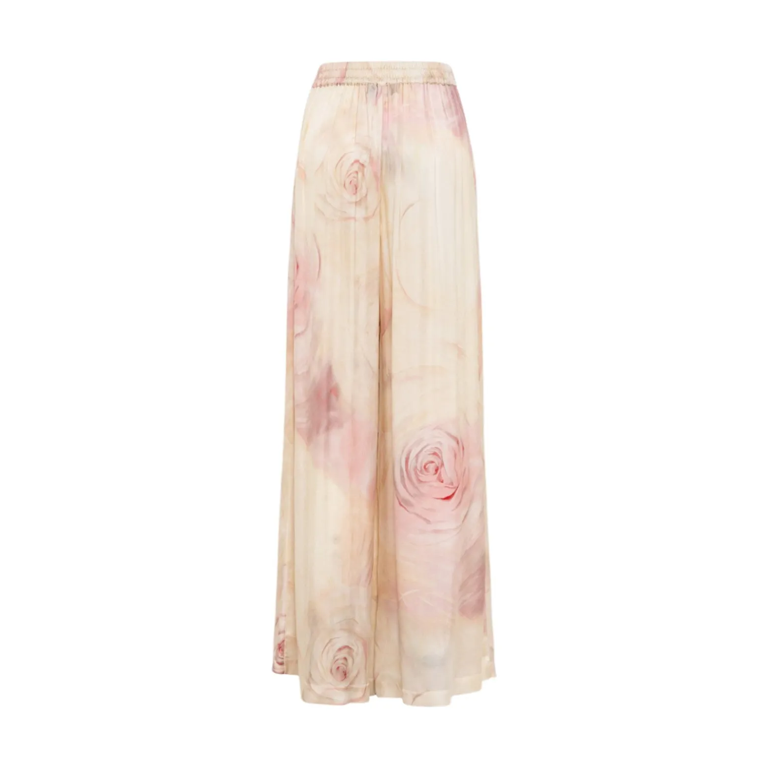Pantaloni donna ampi in raso con stampa rose