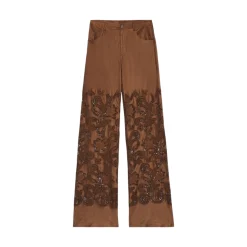 Pantaloni donna flare scamosciati con ricamo sangallo