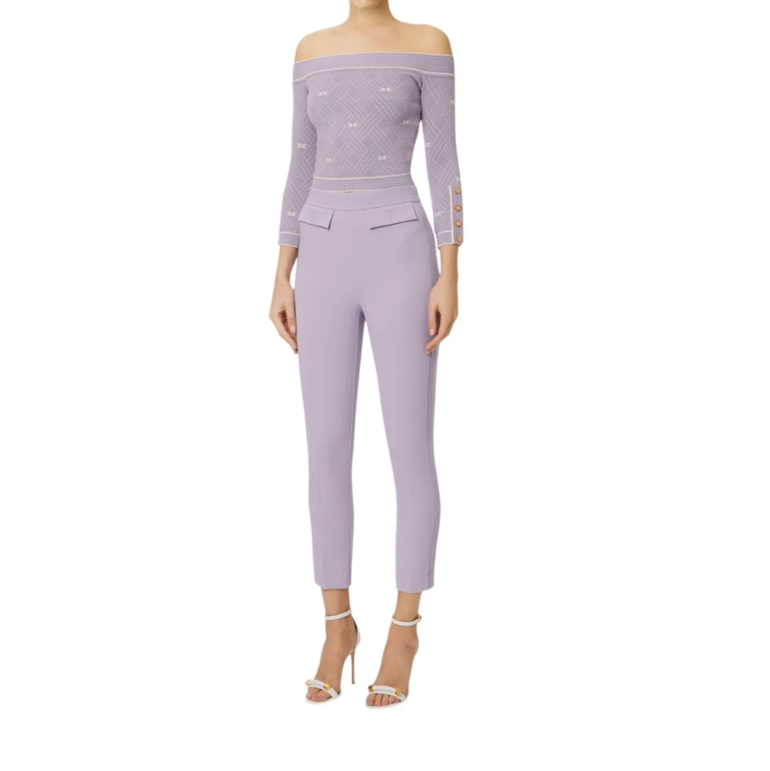 Pantaloni donna in doppio crêpe stretch con logo ricamato