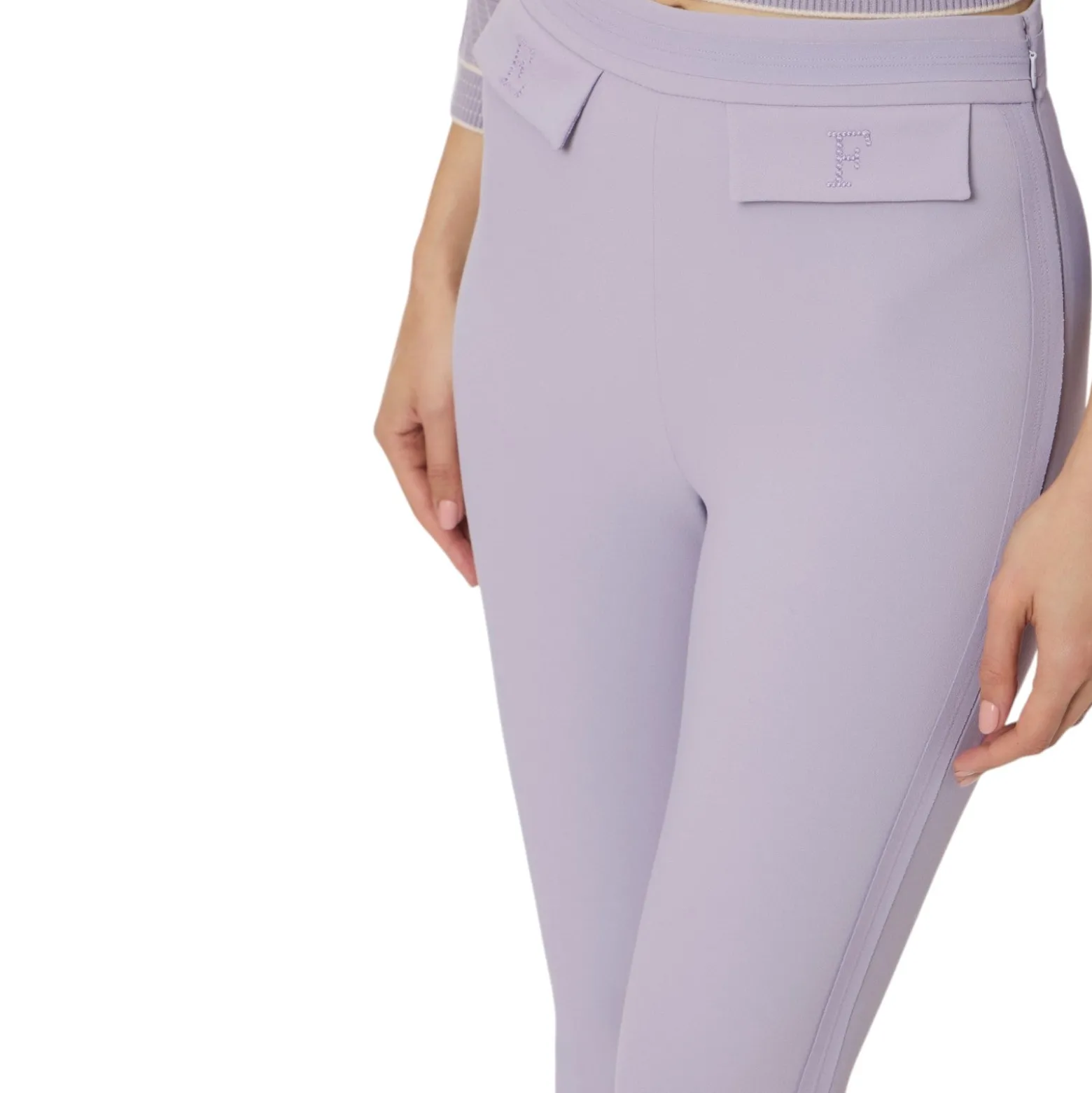 Pantaloni donna in doppio crêpe stretch con logo ricamato