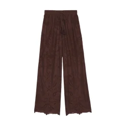 Pantaloni donna in mussola di cotone con ricamo sangallo