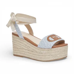 Sandali donna zeppa in denim jacquard