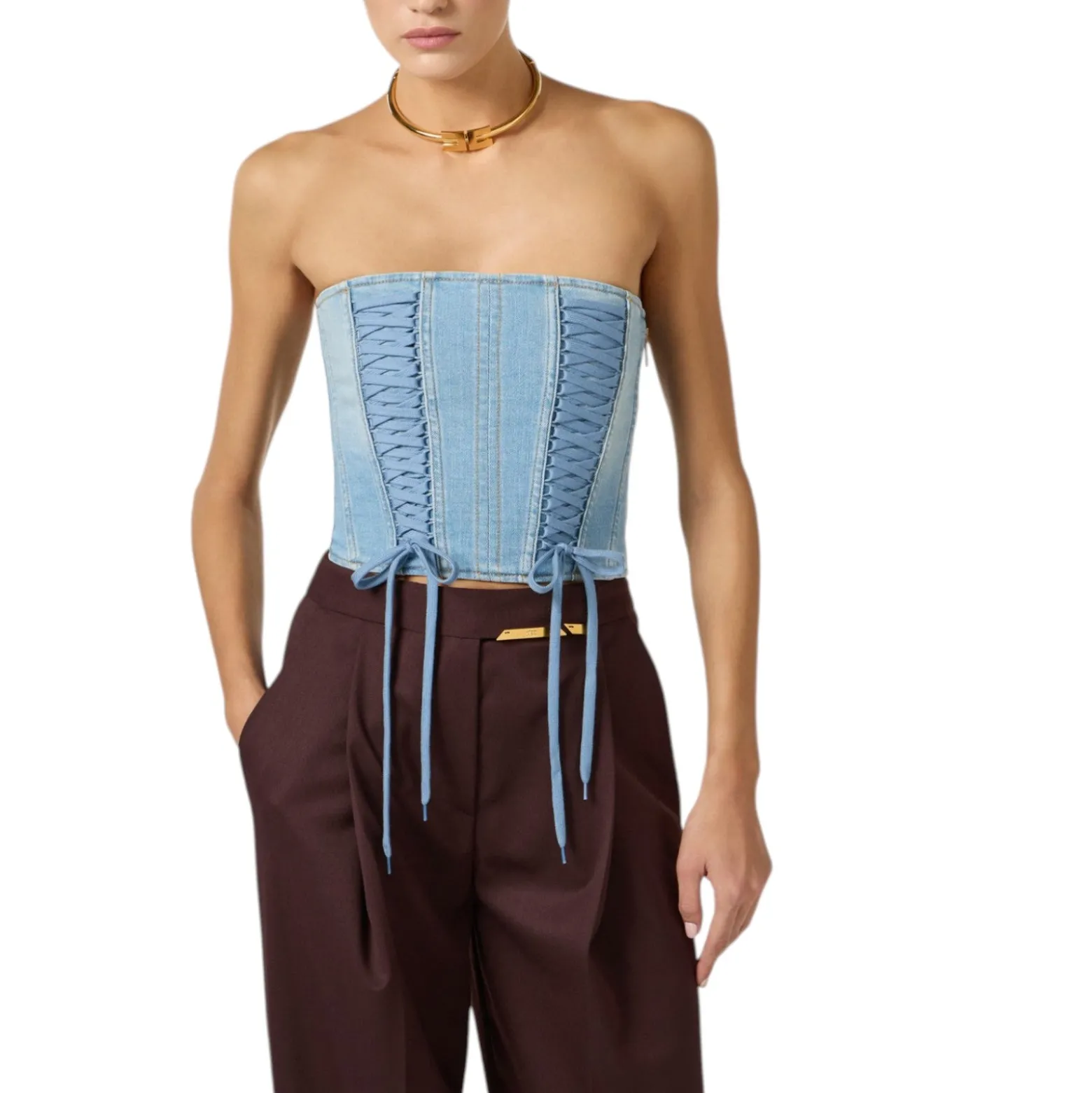 Top donna bustier in denim con lacci criss-cross