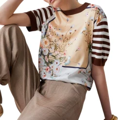 Top donna con inserti in twill stampato