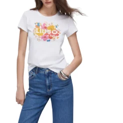 T-shirt donna con stampa e strass