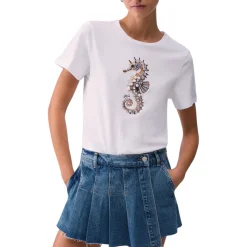 T-shirt donna con stampa e applicazioni