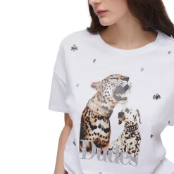 T-shirt donna con stampa e ricami gioiello
